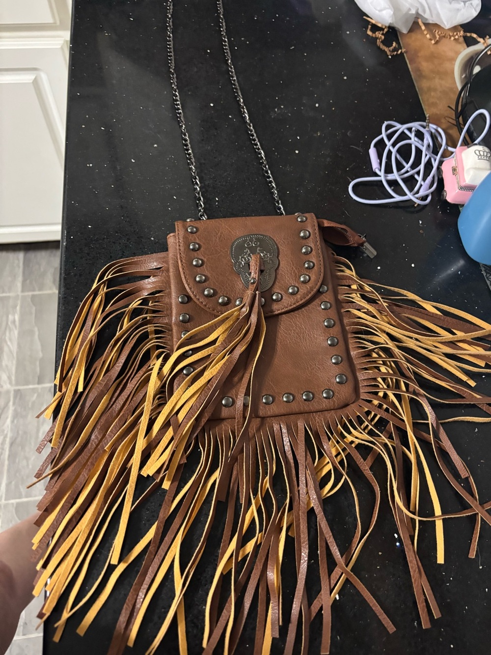 Fringe Crossbody Phone Bag - Brown/Tan